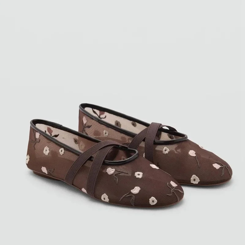 Embroidered Floral Mesh Ballet Flats | Bellepasso