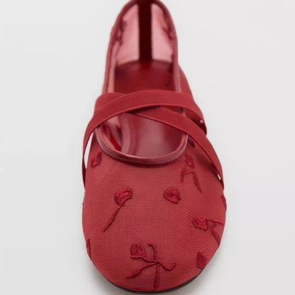 Embroidered Floral Mesh Ballet Flats | Bellepasso