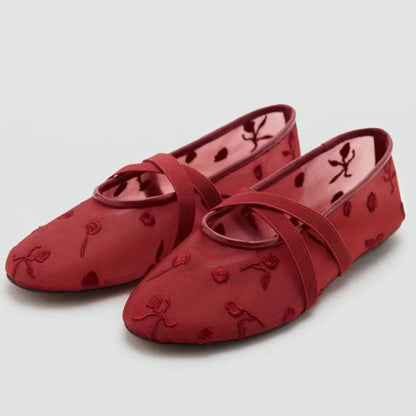 Embroidered Floral Mesh Ballet Flats | Bellepasso