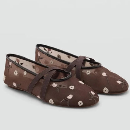 Embroidered Floral Mesh Ballet Flats | Bellepasso