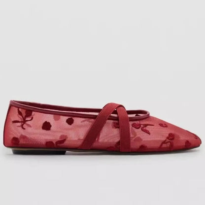 Embroidered Floral Mesh Ballet Flats | Bellepasso
