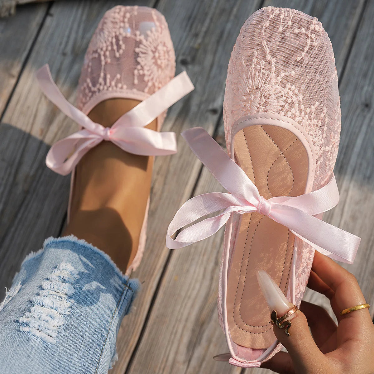 Pink Lace Flower Ballet Flats | Bellepasso