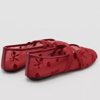 Embroidered Floral Mesh Ballet Flats | Bellepasso