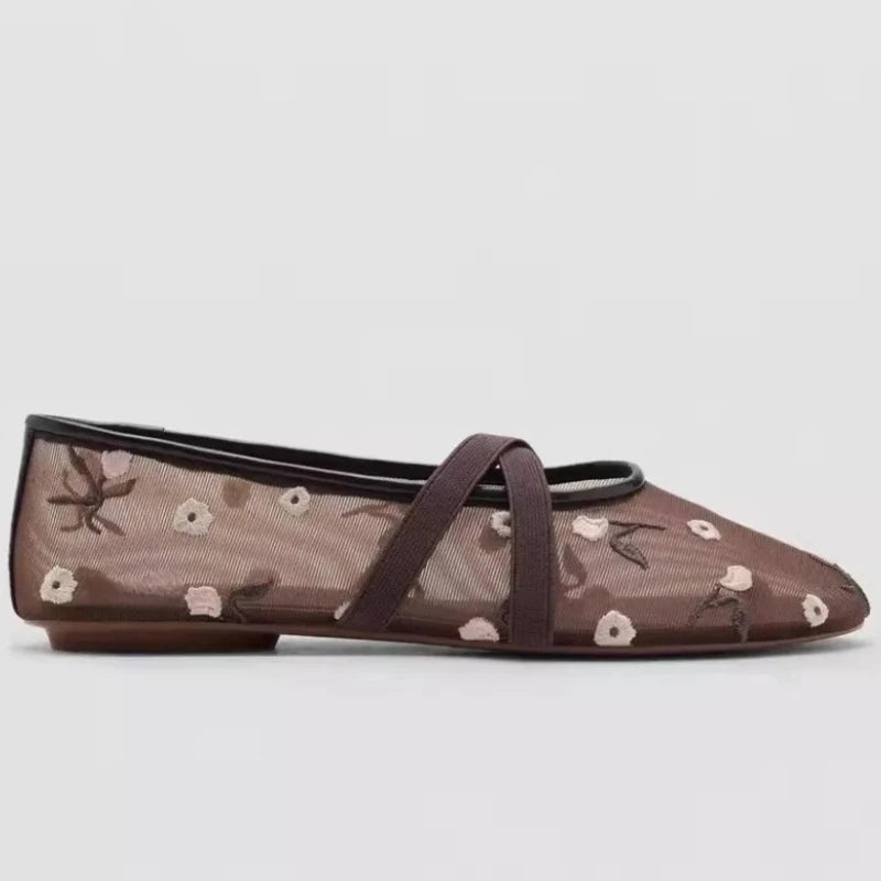 Embroidered Floral Mesh Ballet Flats | Bellepasso