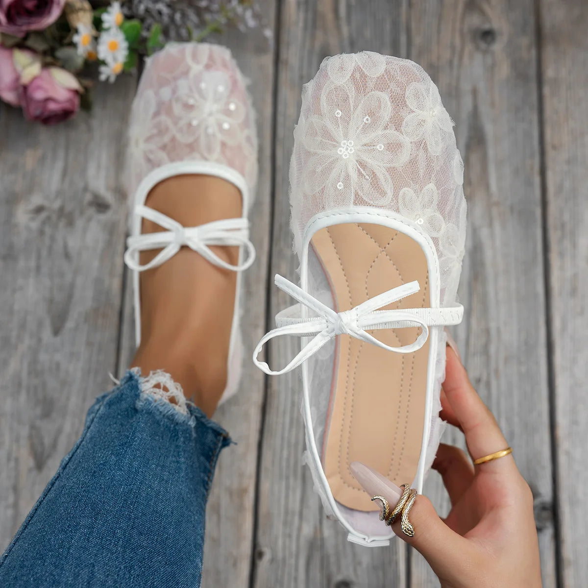 Pink Lace Flower Ballet Flats | Bellepasso