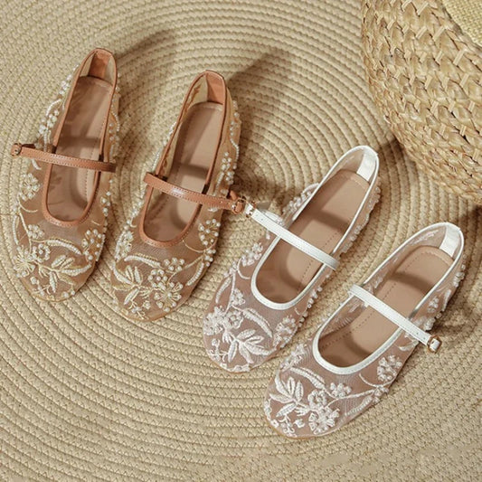 Pearl Embroidered Mesh Ballet Flats | Bellepasso